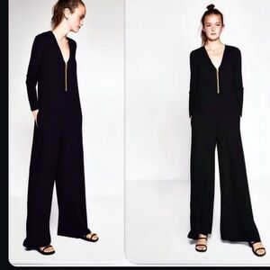 NWT ZARA Wide Leg long Front Zip Black Jumpsuit SZ-XS -S